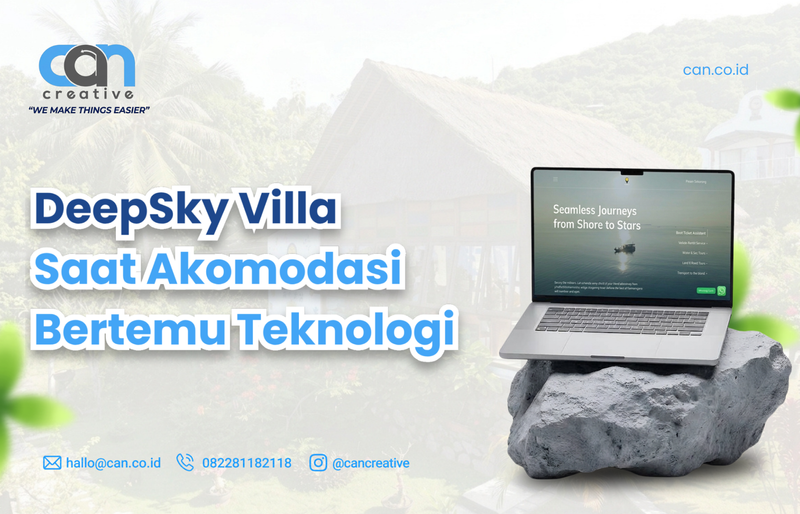 DeepSky Villa dengan visual laptop untuk layanan akomodasi digital